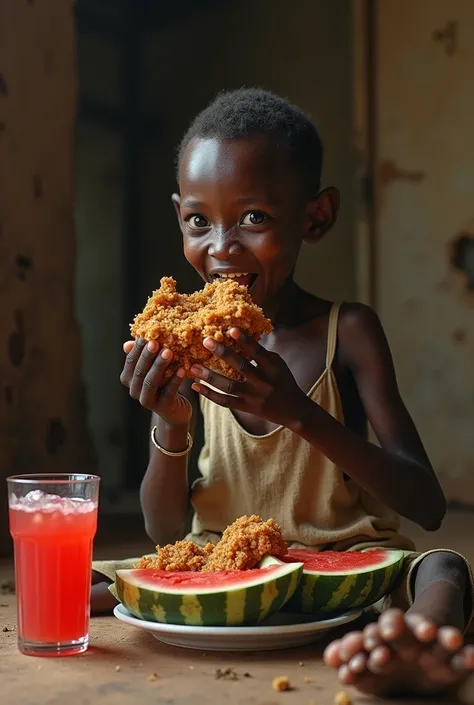 Malnurited african  eating water melon fried chicken and drinking coolaid. Make it realistic