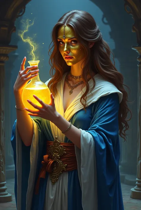 Exotic woman. Fantasy healer. Final Fantasy Mage. Long brown hair. Holding up a potion of glowing fluid with a golden cover up to her face. Blue and white robes. Final Fantasy. Dark Fantasy art. Fantasy art. Digital art. In a dark dungeon.