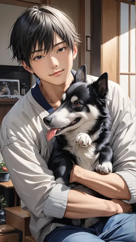 (photorealism:1.2), Handsome japanese man, 22-25 year-old, with dog at home, sweet 