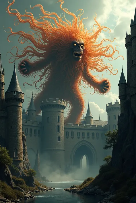 Aggressive flying spaghetti monster with background as a medieval castle setting on horizontal image