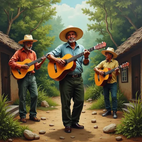  creates a painting of A Nicaraguan man ,In the shirt Clara  ,dark green pants ,straw hat , playing marimba  , and two standing men playing guitars  ,In the middle of the forest surrounded by people and shingles houses 