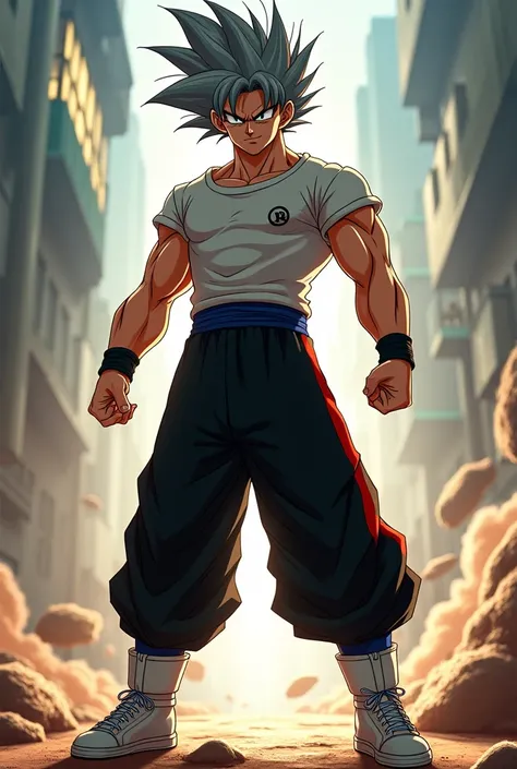  Generate a dragon ball-style image with pointed gray standing hair, T-shirt like Gokus,  pans black with two red and white stripes on the sides and white sneakers 