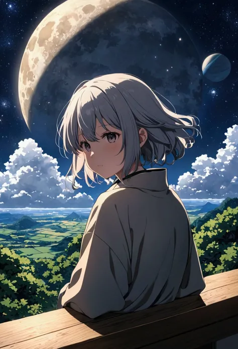  アニメ風の街並みの中心に, 星と渦巻く雲で満たされた空の下に少女が立っている. 彼女の足元の地面は上からの光を反射している, 鏡のように模様を描く. 彼女の目の前には東京タワーがそびえ立っている, 柔らかな光に照らされ、夜景を背景にシルエットが浮かび上がる. 彼女の上には鮮やかな色彩と精巧なディテールを備えた渦巻き銀河が浮かんでいる. 背景には美しいファンタジーの世界が広がる. まるで別の次元に入ったようだ, アニメアーティスト風に. --5 個付き:8、空には七色に輝く流星が流れている