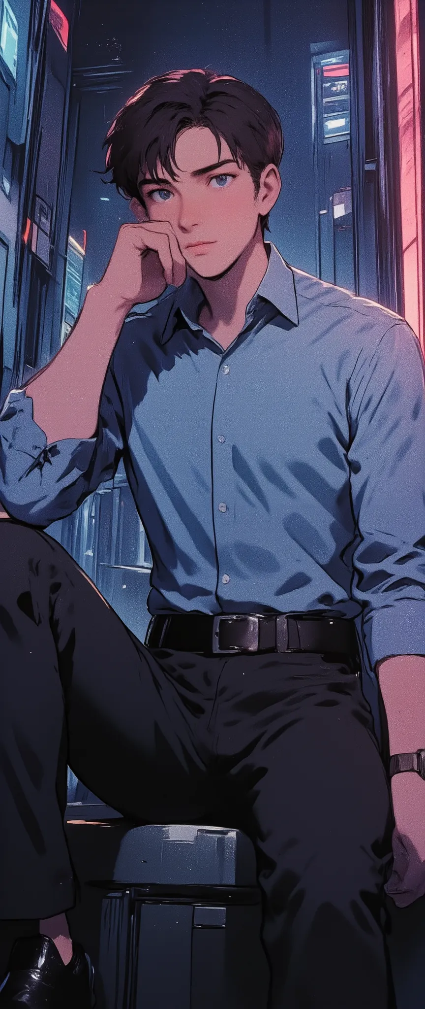 anime boy .   Anatomically correct  , plano general,   Dress shirt, Modern and elegant dress,  full body,((A handsome man,    male model modern clothing is sitting against the wall on a wall,  full body portrait sensual pose  : 1.5)), ( The   The best quality   , 4k, 8K,    High resolution,   masterpiece: 1.2), ultra detailed, (realistic, photorealistic, photorealistic : 1.37), HDR-10,   Ultra  High Definition ,    studio lighting  , ultra fine paint,     sharp focus,      Physics-based representation  ,    Extremely detailed description  , professional,    bright colors , bokeh,   dramatic lighting  ,       cinematographic composition     , U   High Definition   , Retina,   masterpiece, necessary,    Anatomically correct  ,   Old school ,    super detail   ,   tall details ,   Lyric ,  Winner Award    ,   The best quality  , highres, 1080P,    High Definition   , 16K