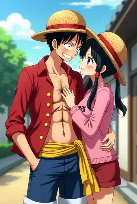 A cute boy, mono d.  Luffy wearing a red and open shirt with 4 yellow buttons with an X-shaped scar on his abdomen ,  dark blue shorts with a yellow sash tied around his waist with the name mono d. Luffy and sweet , Japanese anime style,  hugging a 22-year...