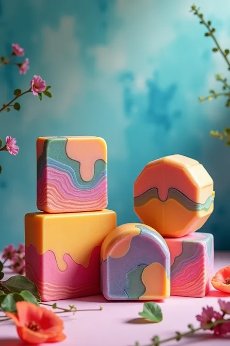 4 handmade soaps with vibrant colors with a very beautiful background 