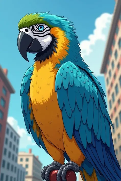  Humanoid light blue macaw,  yellowish breast feathers , well-defined chest and arms, Thinner waist,  lean muscular body , blue eyes, narrow gaze,  suspicious look , dark beak ,  large feathers,  seen from afar looking to the side,  hands around waist , si...