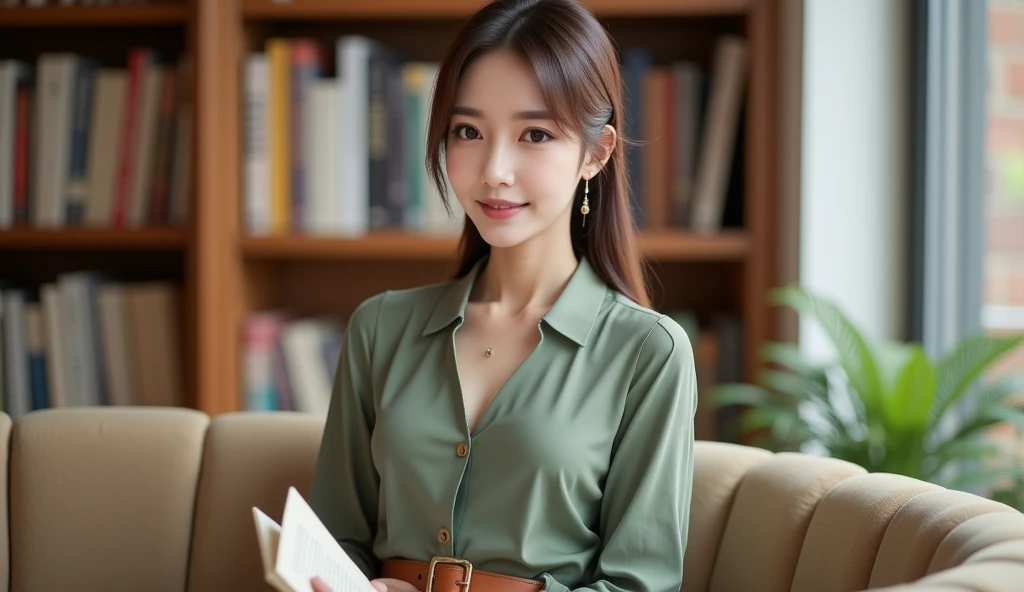 A beautiful Japanese woman with large breasts:1.5, deep cleavage. Wearing a flowing sage green blouse with subtle pleats and long sleeves, paired with high-waisted tailored trousers in a warm sand beige and wearing a tan leather belt, wearing glasses: 1.3,...