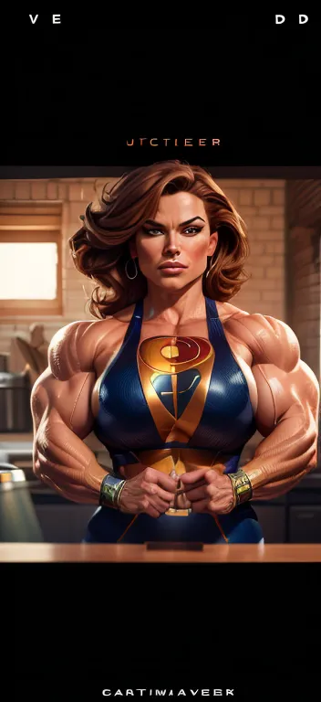 pixarstyle a waist-length portrait of a muscle woman in a superhero outfit in the style of the juggernaut, kitchen, natural skin...