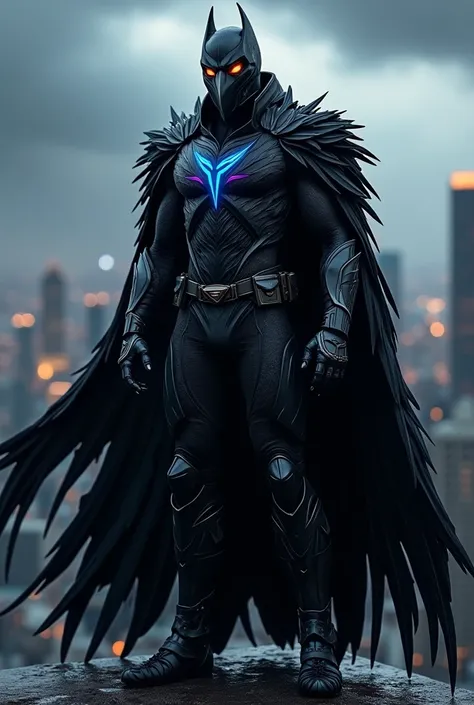 Design a striking superhero costume for Crow Man, inspired by the elegance and mystery of a crow. The costume should include a sleek, dark aesthetic with a black feathered cape resembling crow wings, detailed with iridescent blue and purple highlights that...