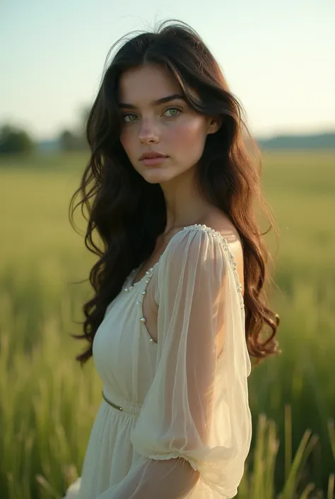  realistic photo ,  masterpiece of a beautiful woman , green-eyed, dark hair,  face similar to Ersa Bilgic, wearing a light dress, in an open field Full body image.Farthest image 