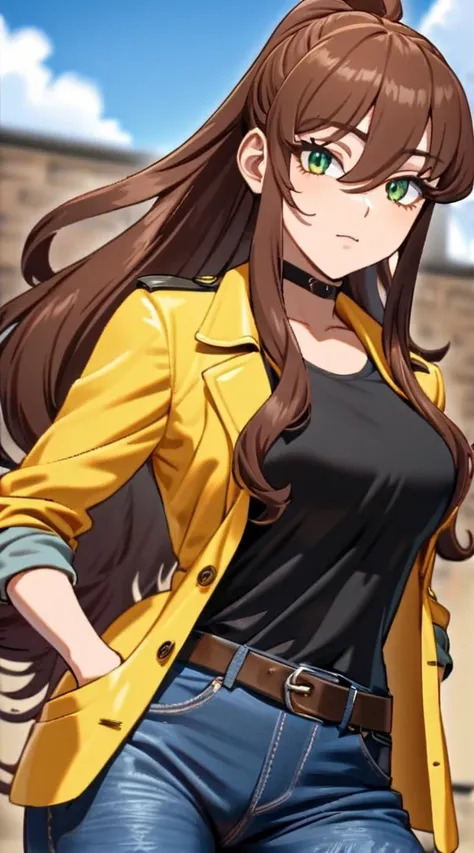 Avivacorcovado , 1 girl,  long hair, Cabello castaño,  ponytail,  green eyes,  yellow jacket,shirt,jeans,  belt, drill