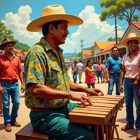  creates a painting of A Nicaraguan man ,In the shirt Clara  ,dark green pants ,straw hat , playing marimba  ,surrounded by people and little houses in Texas 