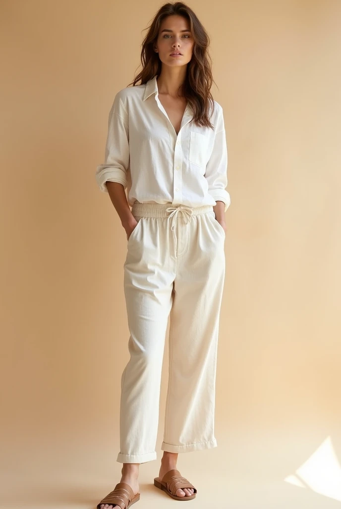 A full-body image of a stylish female model wearing a linen outfit, showcasing the natural and breathable fabric ideal for warm weather. The outfit includes a relaxed-fit linen shirt with rolled-up sleeves, paired with high-waisted linen trousers or a flow...