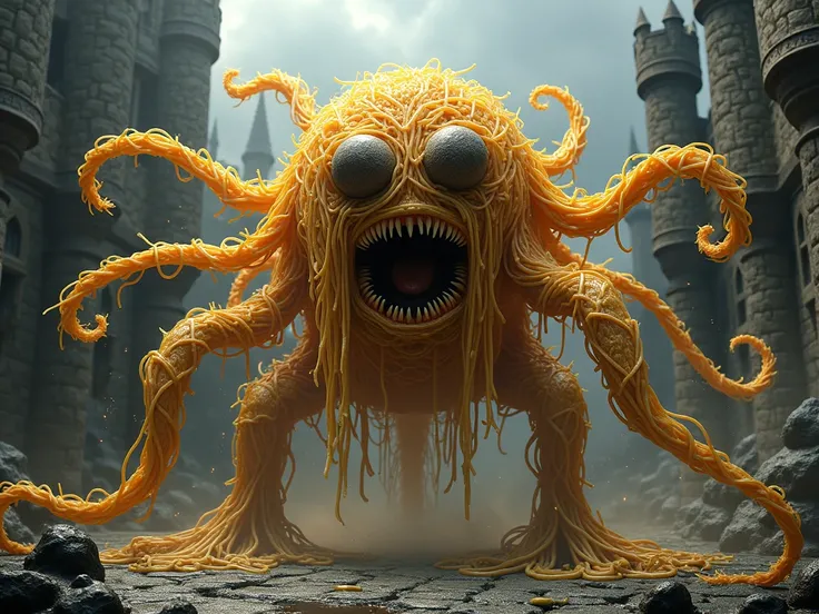 Aggressive flying spaghetti monster with background as a medieval castle setting on horizontal image
with meatballs as eyes