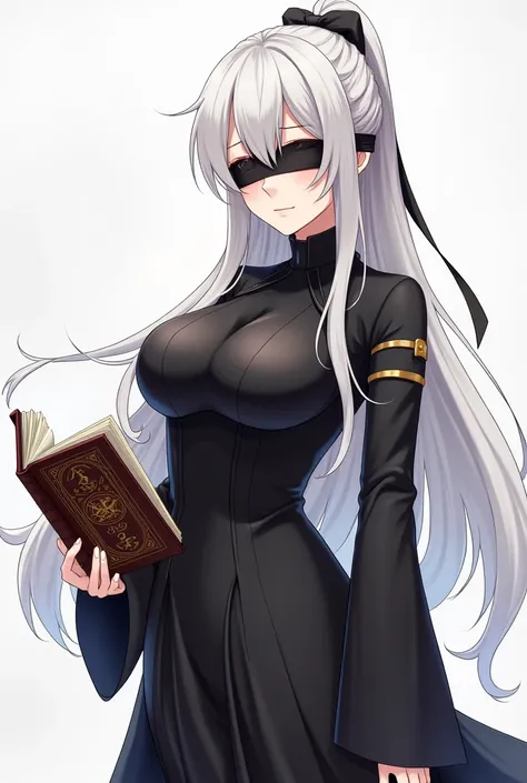 An anime-style female adult with larger breasts, with long white hair tied in a voluminous ponytail with black highlights , wearing a long black outfit with some stripes that show a little skin and a blindfold that covers her eyes , holding a magic book wi...