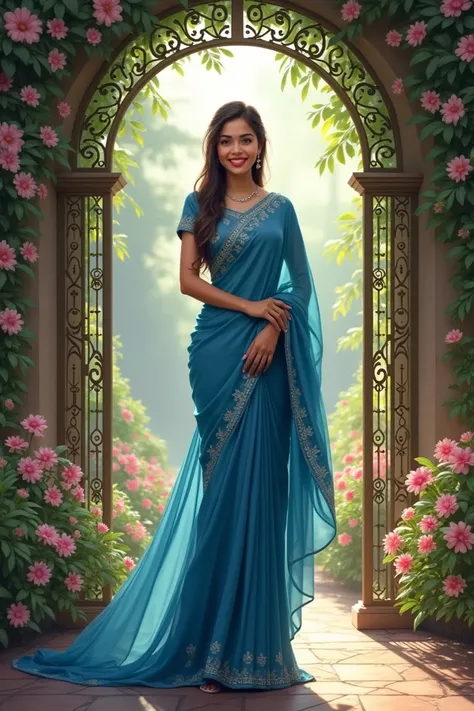 A beautiful girl in designing blue saree in front of flowers gate realistic 