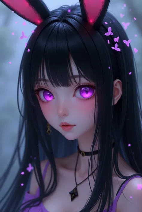  pretty girl， black hair,Eye color is purple，Bunny ears