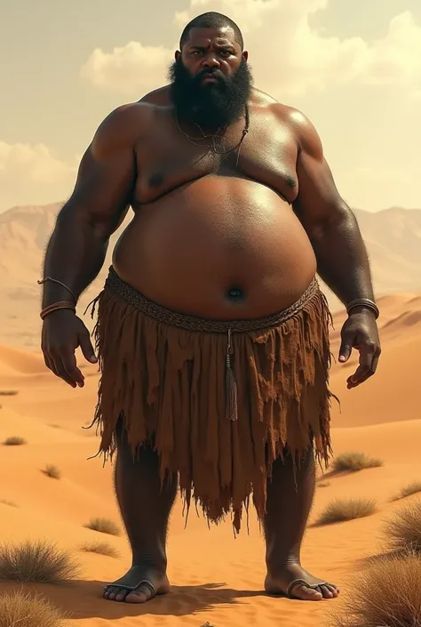 A morbidly obese African Tribesman, bare body, in an African desert 