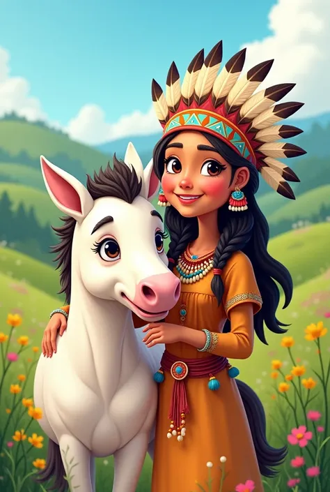 Cartoon of an indigenous woman with a headdress, Smiling next to a baby white horse