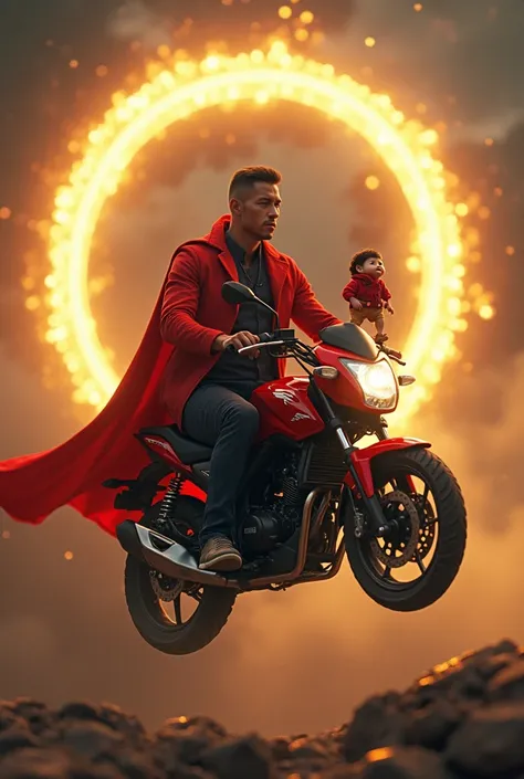   I want one on a tall one and a red Honda Bros 160 motorcycle holding Guido with just one hand,   around a golden circle like the one on Dr . Marvel&#39;s Strange.
  I want the bike in size provides  , The boy sitting on it  .