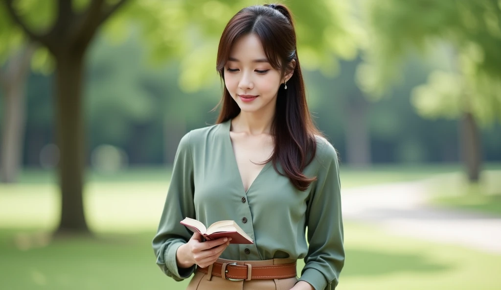 A beautiful Japanese woman with large breasts:1.5, deep cleavage. Wearing a flowing sage green blouse with subtle pleats and long sleeves, paired with high-waisted tailored trousers in a warm sand beige and wearing a tan leather belt, wearing glasses: 1.3,...