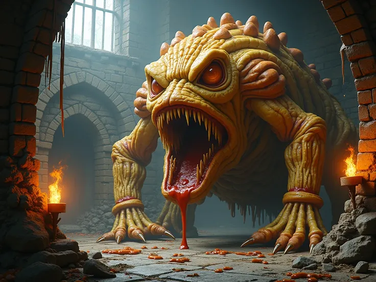 food monster with the appearance of a combination of different types of aggressive food with a background like a medieval castle setting