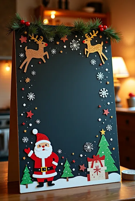 An acrylic chalkboard decorated around Christmas 