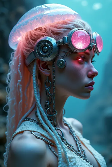 Ethereal Cyborg Woman, bioluminescent jellyfish tiara with pink . Steampunk goggles merge with translucent tentacles. Cracked porcelain skin meets iridescent scales. Mechanical implants and delicate tendrils intertwine. Human characteristics with an otherw...