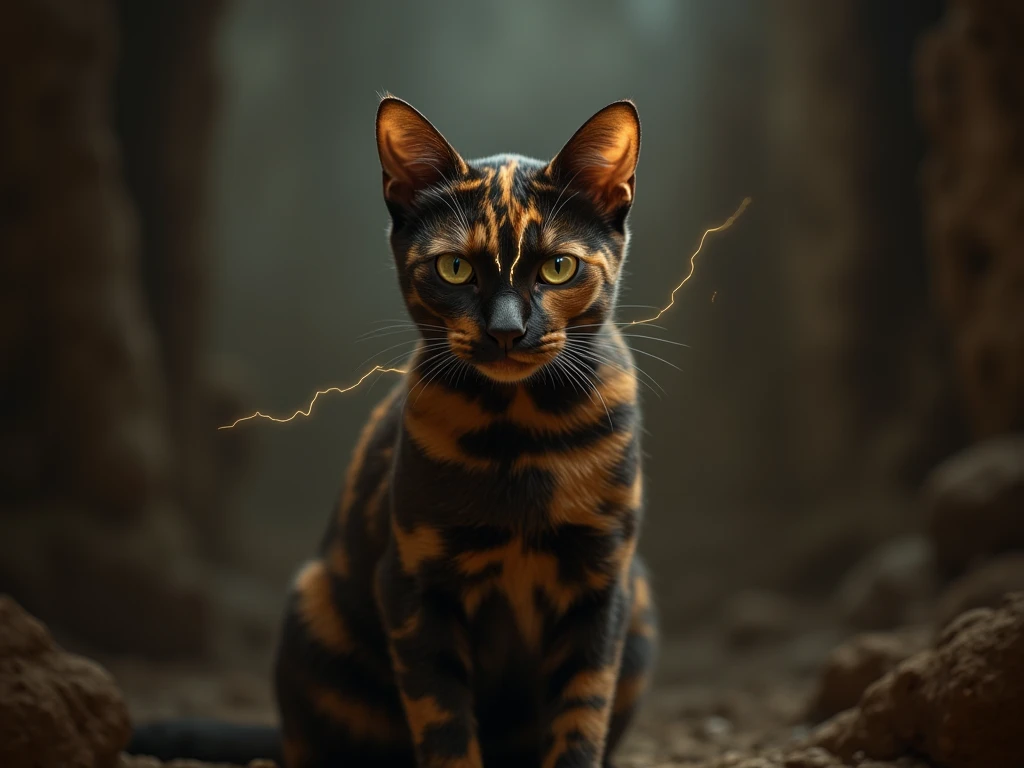 Tortoiseshell cat with a symbol of lightning on its forehead