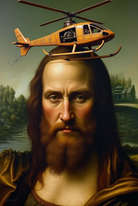 Leonardo Davincis face and behind it is the helicopter created by the