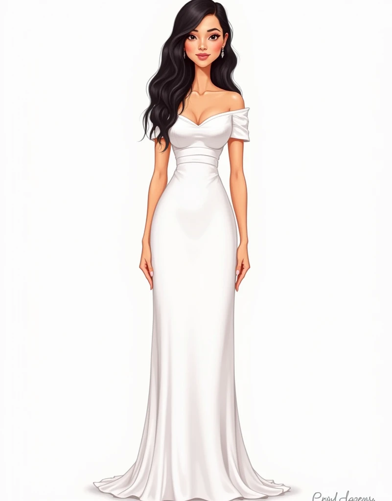 Create a full-body caricature of a female figure donned in a simple, white Filipiniana dress. The dress is characterized by its simplicity, elegant and white color that illuminates the image. The woman stands confidently, with the traditional attire fittin...