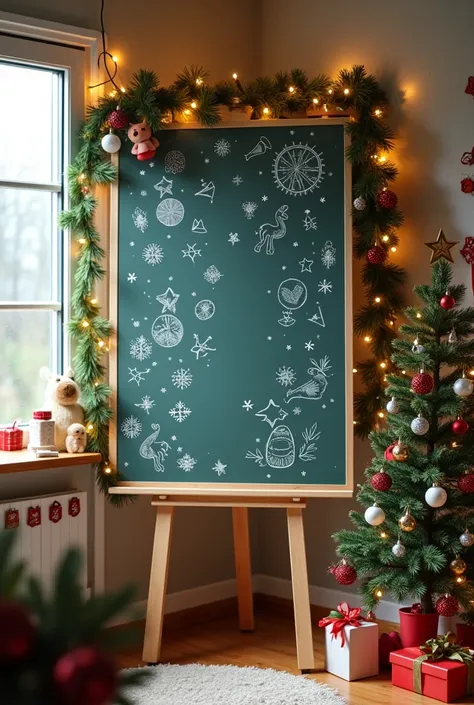 A white acrylic chalkboard for a classroom decorated around the corner with Christmas things 