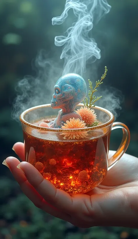 In a cup of tea ，There is a transparent gel-like metamorphic crayon, small new butt entity， sunken scorpions covered with coral ,  rising from the dead ashes of an underground volcano  ,  coral reefs can be seen in the hand  ,  smoke and flames show differ...