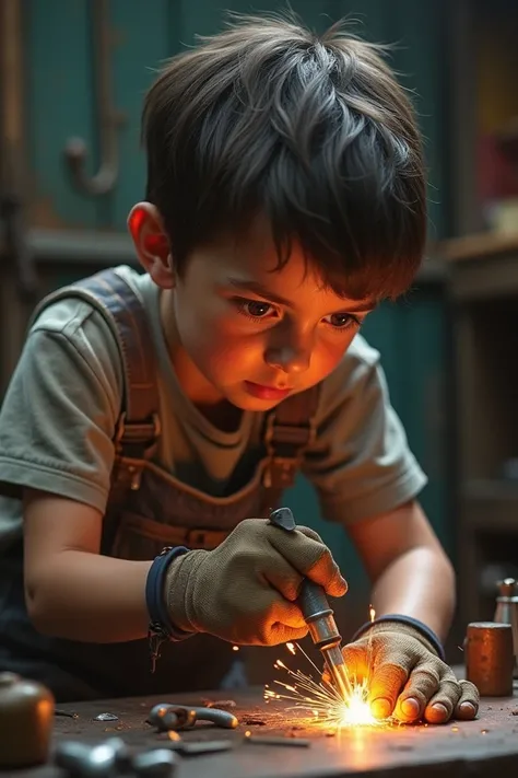 Imagine a boy welding with a tin soldering iron without gloves