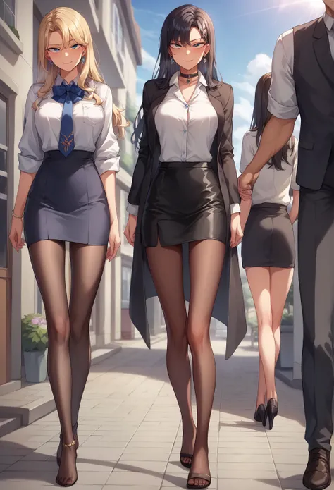 (( best quality)), ((masterpiece)), (be familiar with)  perfect face　Two mature women 、Manga style illustration、Office Style、 business suit、 black jacket 、White open shirt、 black knee-length pencil skirt 、 black pantyhose、 black high heel pumps 、At work、 t...