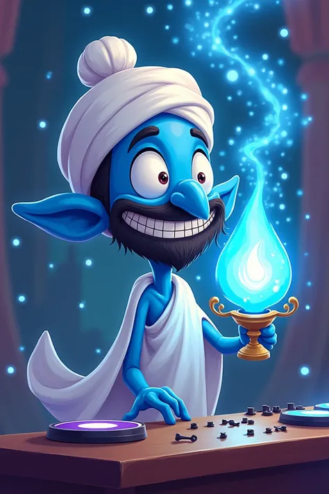 Genius with the blue magic lamp with white turban his face in the shape of a drop in cartoons DJ controller 