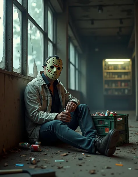 (photorealism:2.0),  Jason Voorhees in an abandoned city at a liquor store , sitting on the floor and wearing white jacket with black and red stripes , Drinking energy drinks  (Red-bull),  pointing to the can and a crate of crumpled cans on the floor that ...