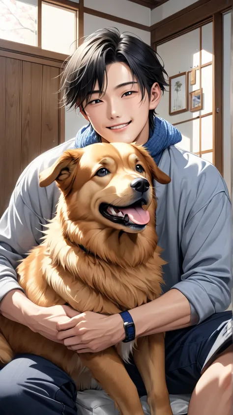 (photorealism:1.2), Handsome japanese man, 22-25 year-old, with dog at home, happy