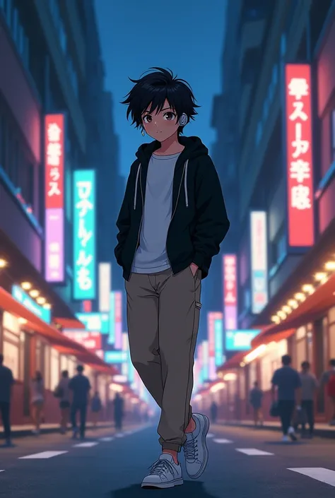  A 14-year-old anime boy ,  brown eyes, black wavy hair,  a white shirt with a black sweatshirt ,beige sweatpants , a white sneaker, using headphones,  wearing earrings walking around the city at night 