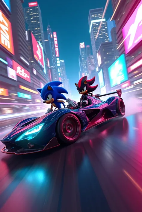 Create a image of a racing car a sonic and shadow