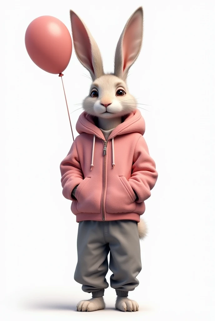 Furry, rabbit,  anthropomorphic , thin,  through the white ,  pointy ears, dark circles, tired,  wearing pink plush coat, bulky coat ,  long ears ,  low waist pants , gray sweatpants, streetwear, furry, estilo semirrealistic,  balloon, adult, Humanoid body...