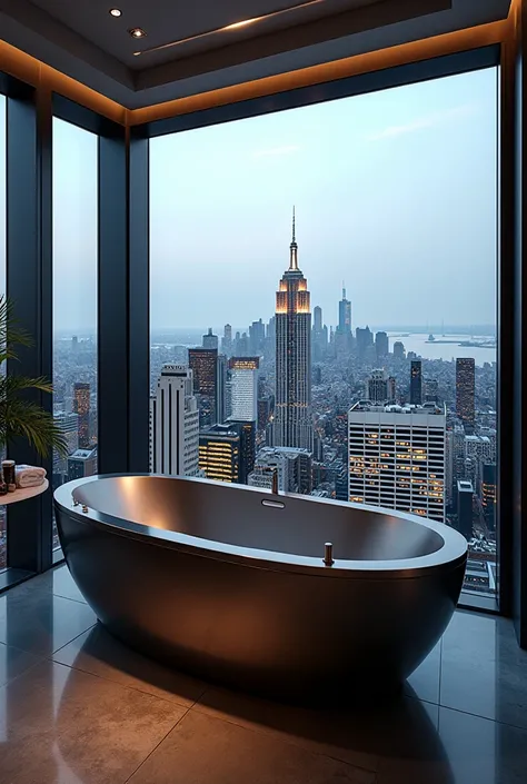 Fait moi une salle de bain de luxe avec une baignoire en forme de voiture de luxe avec une vue sur new york city