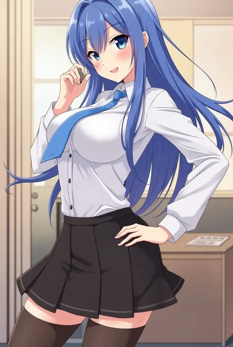 Highly detailed, High quality, Masterpiece, Beautiful, (Medium close up shot), 1 girl, Alone, New Jersey azur lane, riding her butt, visible pussy, pussy juice, Sexy, Naughty look, smiling, Long hair, Blue hair , Big ass, medium breasts, school uniform, bl...