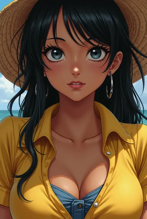 Nico Robin from One Piece, Pre time skip ,  brown skin,  yellow top and denim shorts,  thick and realistic lips 