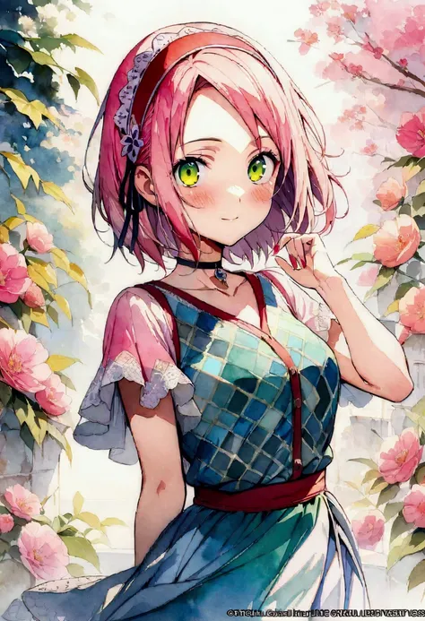 ((sakuraharuno, sakura haruno, (green eyes), hairband, short hair, pink hair)), (masterpiece, top quality, best quality, official art, beautiful and aesthetic:1.2), (1girl:1.3), extreme detailed,colorful,highest detailed,(watercolour painting:1.3), optical...