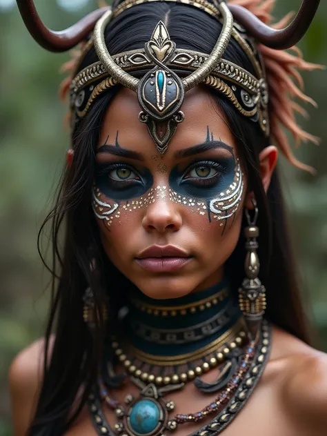 a woman with a face paint and a headdress is posing, tribal facepaint, tribal makeup, tribal style, tribal armor, wearing tribal armor, beautiful futuristic himba woman, warrior woman, tribal face paintings, tribal paint, beautiful female warrior, tribal c...