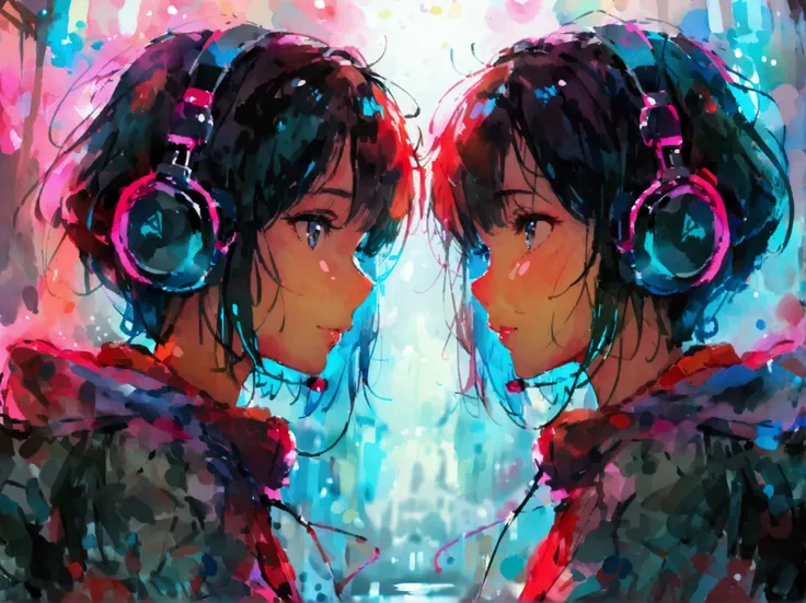 masterpiece,最 High Quality , super detailed, High definition background ,8k, High Quality ,Japanese manga style, sketch, Watercolor colors,[Girl wearing headphones]