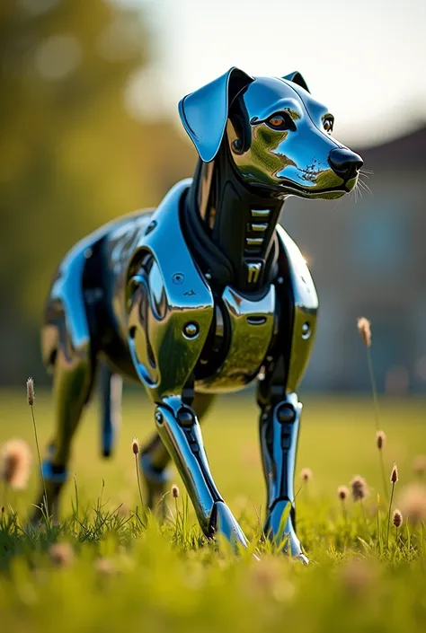 Robot military dog with chrome and blue on the lawn, plasma thrusters burning the grass, Against the backdrop of a beautiful sunny French Estate, the chiaroscuro lighting and professional make-up accentuated his realistic appearance. Hyper-realistic master...