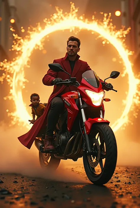   I want one on a tall one and a red Honda Bros 160 motorcycle holding Guido with just one hand,   around a golden circle like the one on Dr . Marvel&#39;s Strange.
  I want the bike in size provides  , The boy sitting on it  .